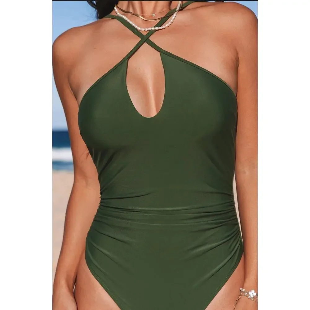 Cupshe Green Cutout Ruched Tummy Control One Piece Swimsuit- NWT - Sz L - Picture 3 of 9